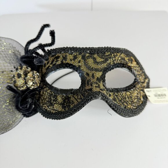 Pier 1 Masquerade Spider Mask VTG Gold Glitter Black Sequin Animal Floral Print - Picture 16 of 16